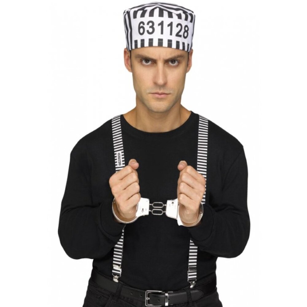 Convict Jailbird Prisoner White Black Suspender 3 Pc Halloween Accessory Kit 14+